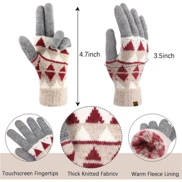 3-in-1 Winter Beanie Hat Scarf Gloves Knitted Set, Red
